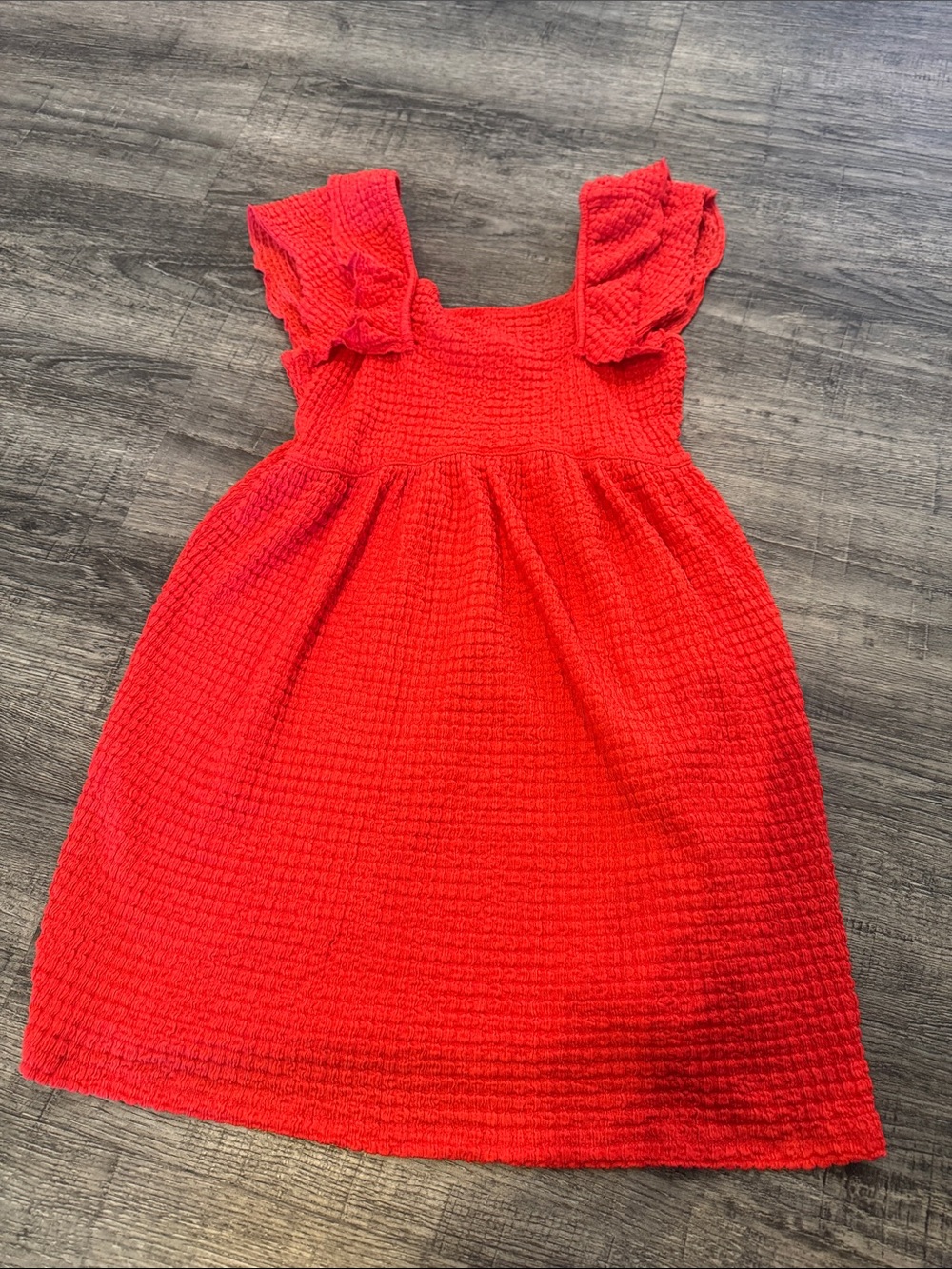 Zara Bright Red Textured Flutter-Sleeve Dress